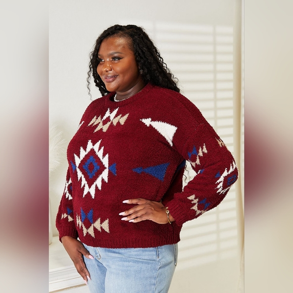 HEYSON Designer Wine Color Full Size Aztec Soft Plush Fuzzy Sweater - Picture 8 of 10